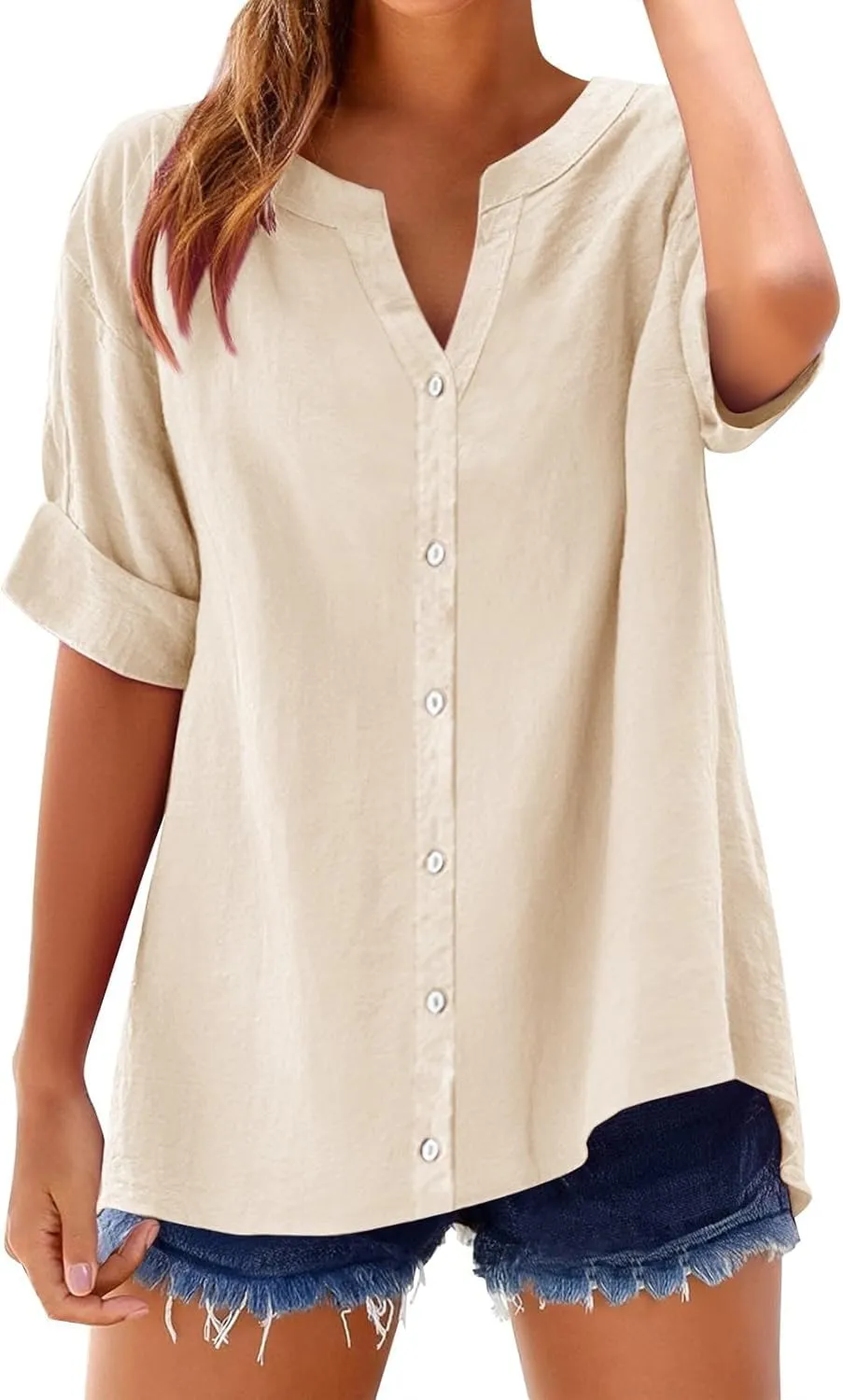 Summer Linen Tops for Women Trendy Button Down Shirts Sexy V Neck T Shirts Dressy Casual Boho Top Short Sleeve Blouse