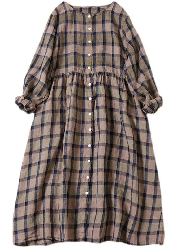 Unique Khaki Plaid Patchwork Pockets Button Fall Long sleeve Dresses