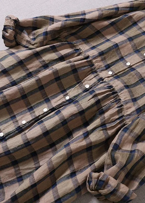 Unique Khaki Plaid Patchwork Pockets Button Fall Long sleeve Dresses
