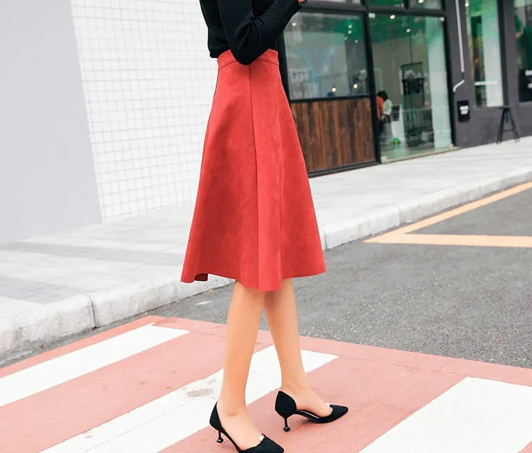 VenusFox Vintage Suede High Waist Midi A Line Skirt