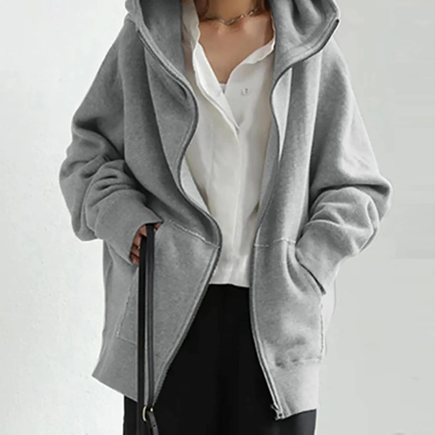 Women Zip Up Sweatshirt Fall Fleece Cozy Long Sleeve Plus Size Jacket Solid Color Y2k Trendy Hoodies with Pockets
