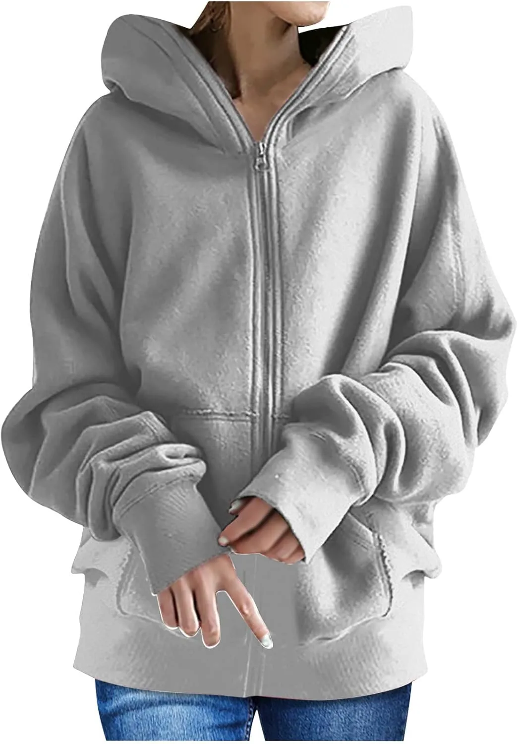 Women Zip Up Sweatshirt Fall Fleece Cozy Long Sleeve Plus Size Jacket Solid Color Y2k Trendy Hoodies with Pockets