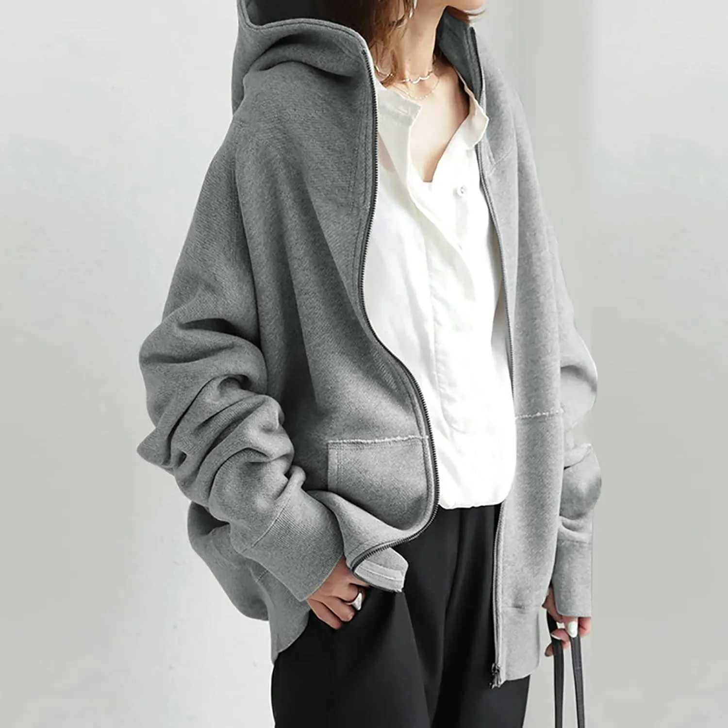 Women Zip Up Sweatshirt Fall Fleece Cozy Long Sleeve Plus Size Jacket Solid Color Y2k Trendy Hoodies with Pockets