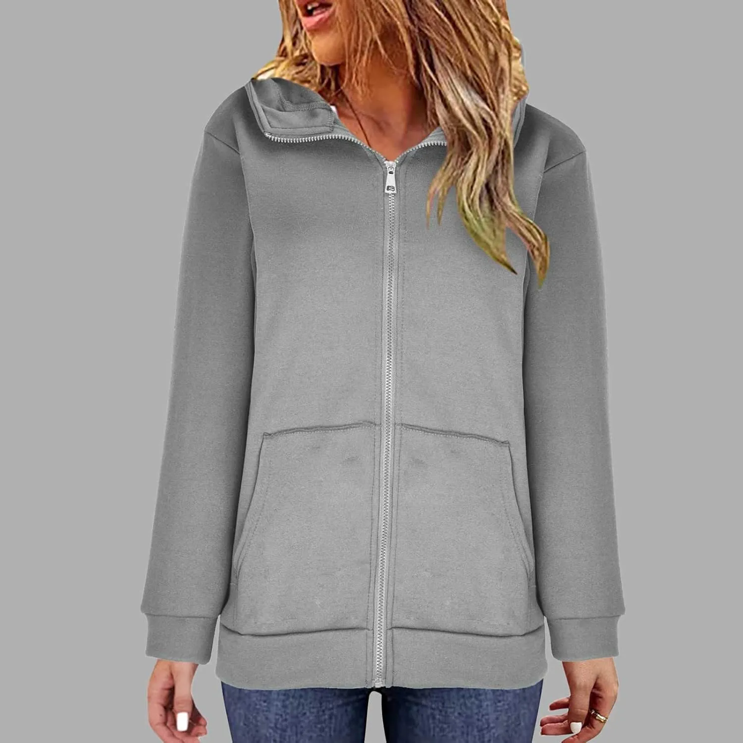 Women Zip Up Sweatshirt Fall Fleece Cozy Long Sleeve Plus Size Jacket Solid Color Y2k Trendy Hoodies with Pockets