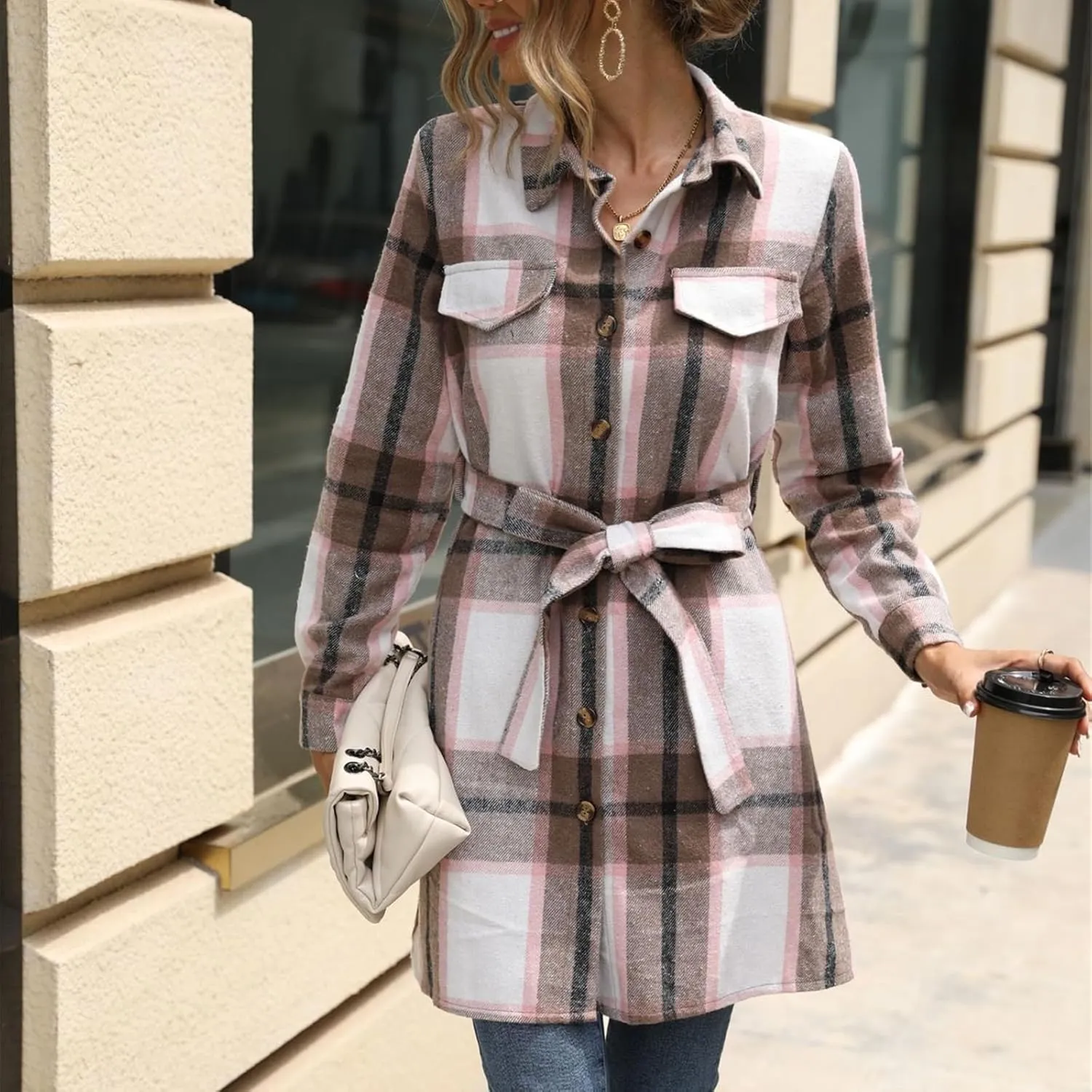 Womens 2023 Fall Cardigans Plaid Button Down Long Sleeve Shacket Shirt Jacket Lapel Tunic Coats Fall Dresses with Belt