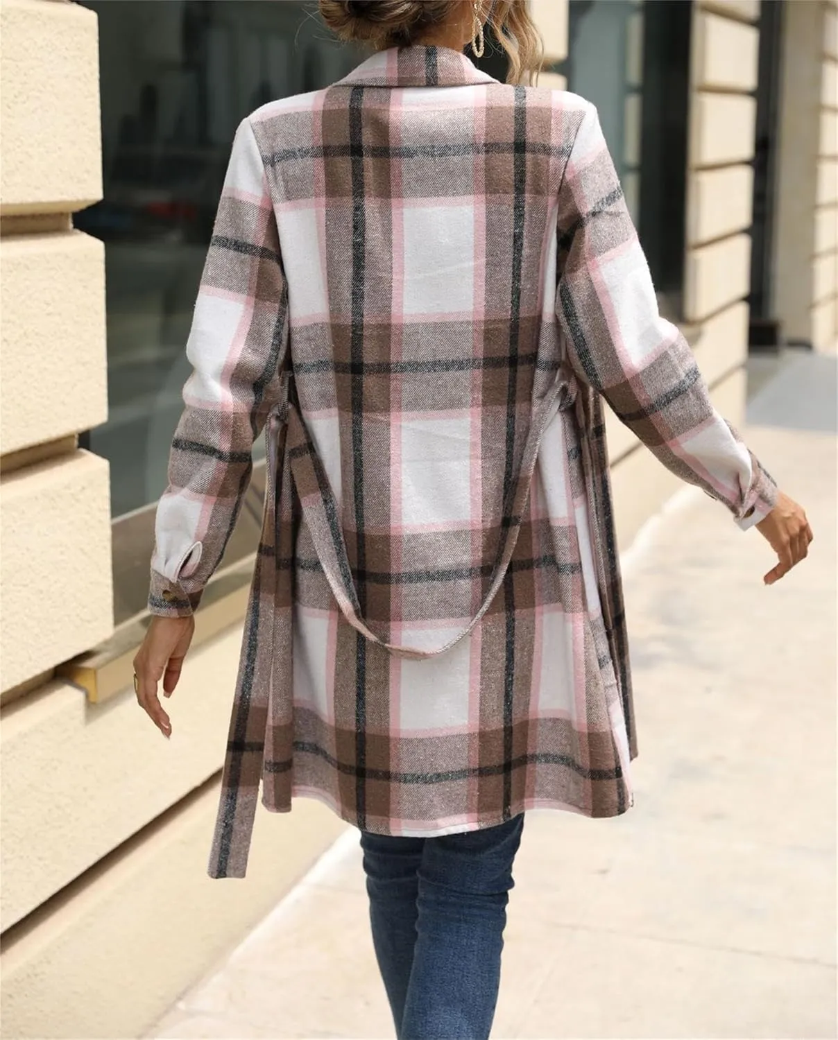 Womens 2023 Fall Cardigans Plaid Button Down Long Sleeve Shacket Shirt Jacket Lapel Tunic Coats Fall Dresses with Belt