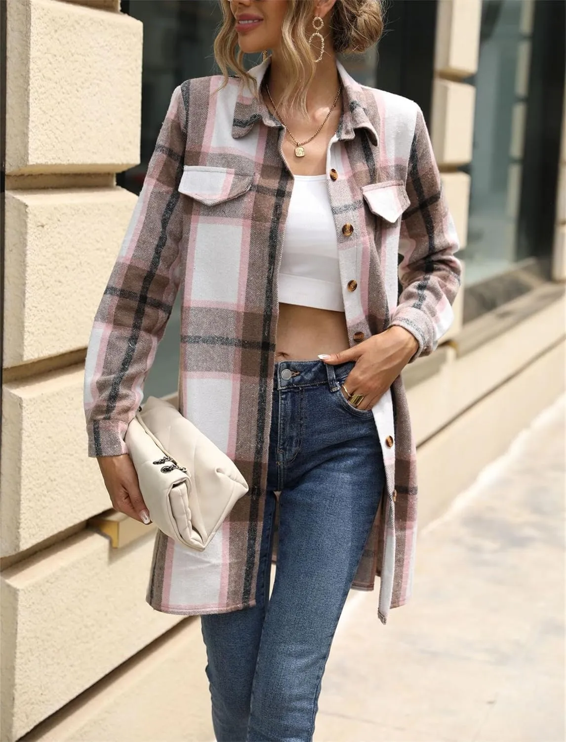 Womens 2023 Fall Cardigans Plaid Button Down Long Sleeve Shacket Shirt Jacket Lapel Tunic Coats Fall Dresses with Belt