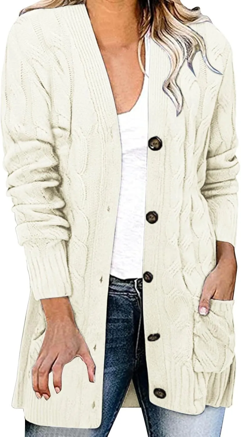 Womens Cardigan Sweaters 2024 Fall Sweaters Preppy Chunky Cable Knit Cardigan with Pockets Outwear Coat