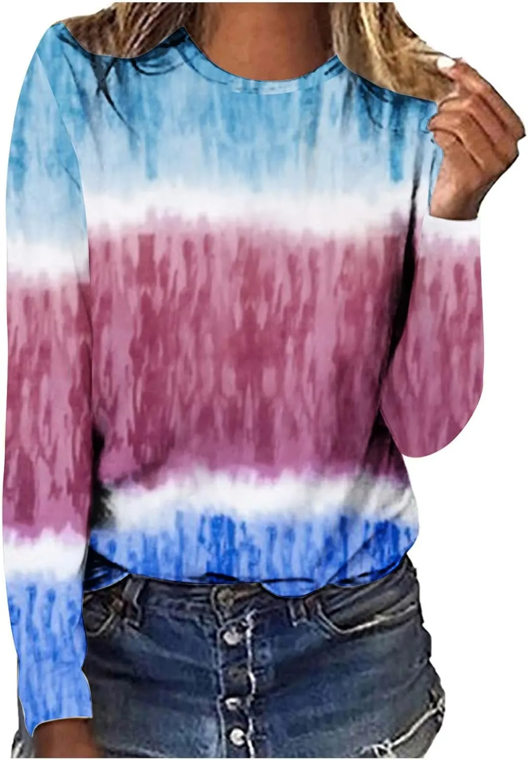 Womens Casual Pullover Tops Fashion Print Long Sleeve Crew Neck Basic Tee Shirts Fall Loose Light Weight Sweatshirts