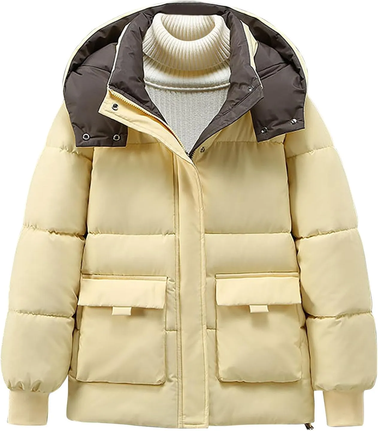 Womens Cropped Hooded Puffer Jacket Lightweight Solid Color Zip Up Down Coat Winter Warm Outdoor Clothes With Pocket