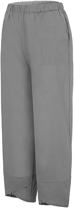 Womens Pants Elastic Waist Straight Leg Trouser Solid Pockets Casual Loose Pants Cotton Linen Soft Comfy Beachwear
