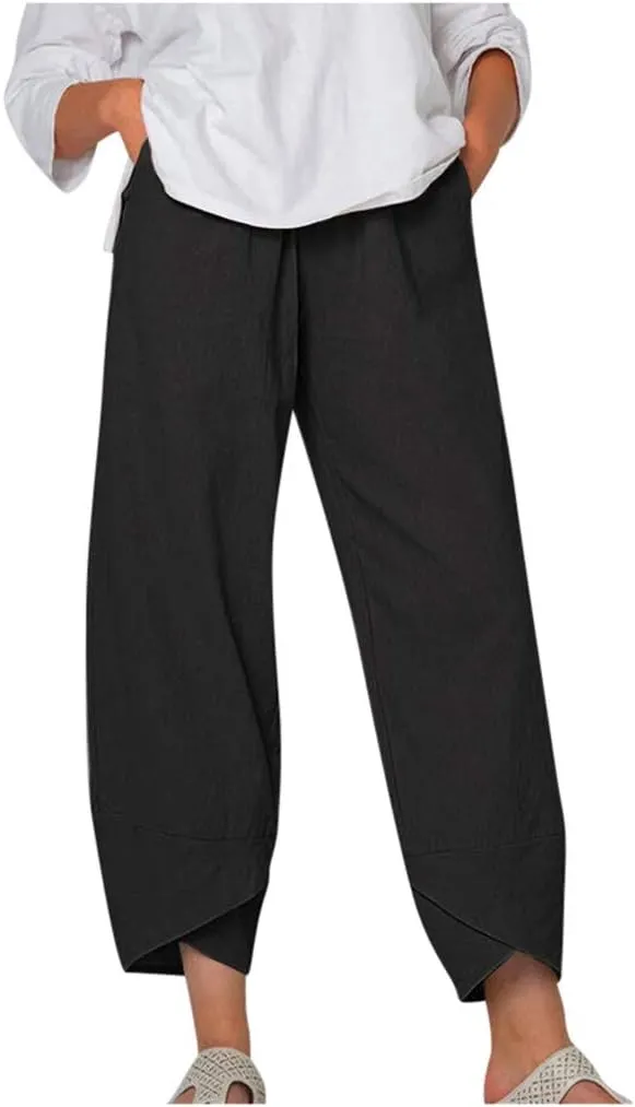 Womens Pants Elastic Waist Straight Leg Trouser Solid Pockets Casual Loose Pants Cotton Linen Soft Comfy Beachwear