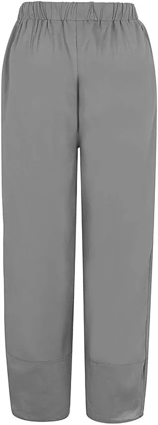 Womens Pants Elastic Waist Straight Leg Trouser Solid Pockets Casual Loose Pants Cotton Linen Soft Comfy Beachwear