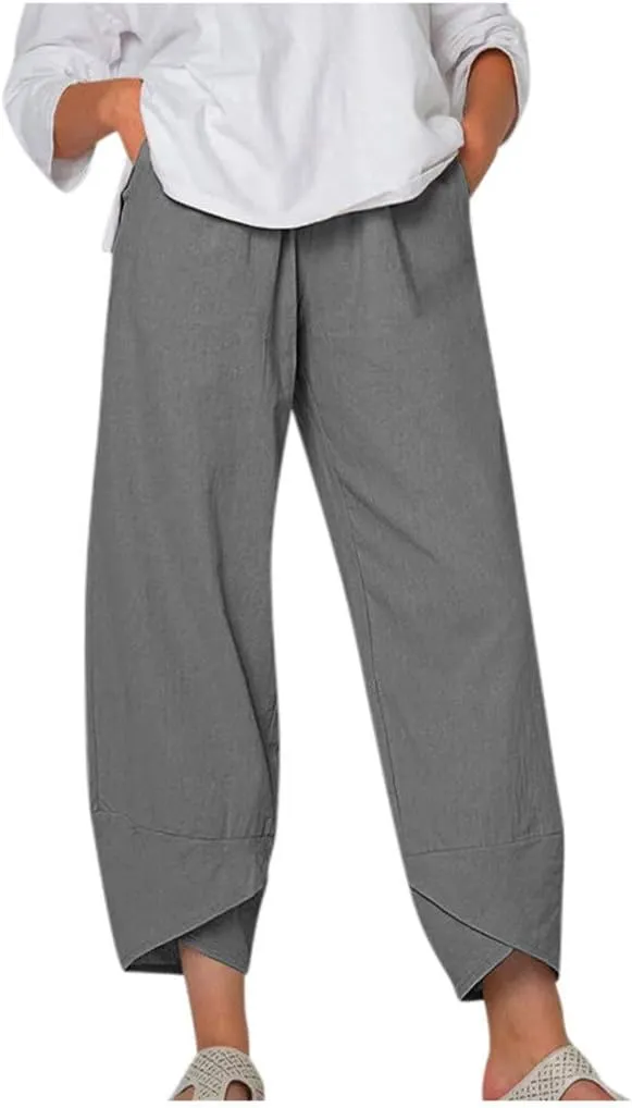 Womens Pants Elastic Waist Straight Leg Trouser Solid Pockets Casual Loose Pants Cotton Linen Soft Comfy Beachwear