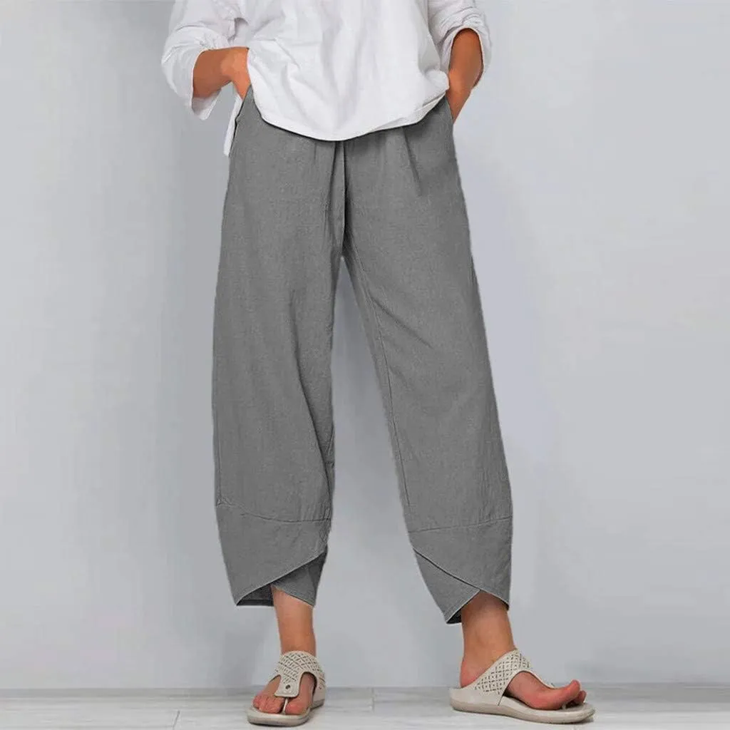 Womens Pants Elastic Waist Straight Leg Trouser Solid Pockets Casual Loose Pants Cotton Linen Soft Comfy Beachwear