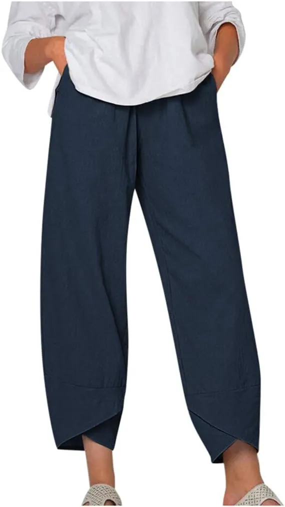 Womens Pants Elastic Waist Straight Leg Trouser Solid Pockets Casual Loose Pants Cotton Linen Soft Comfy Beachwear