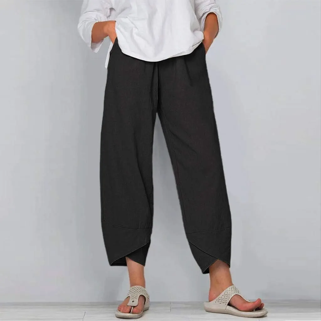 Womens Pants Elastic Waist Straight Leg Trouser Solid Pockets Casual Loose Pants Cotton Linen Soft Comfy Beachwear