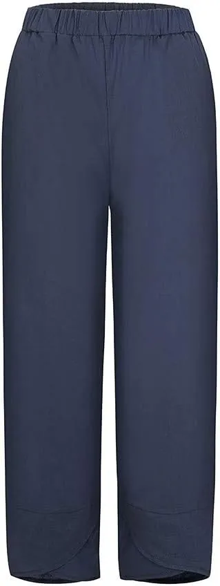 Womens Pants Elastic Waist Straight Leg Trouser Solid Pockets Casual Loose Pants Cotton Linen Soft Comfy Beachwear