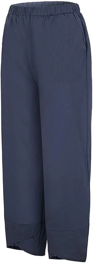 Womens Pants Elastic Waist Straight Leg Trouser Solid Pockets Casual Loose Pants Cotton Linen Soft Comfy Beachwear