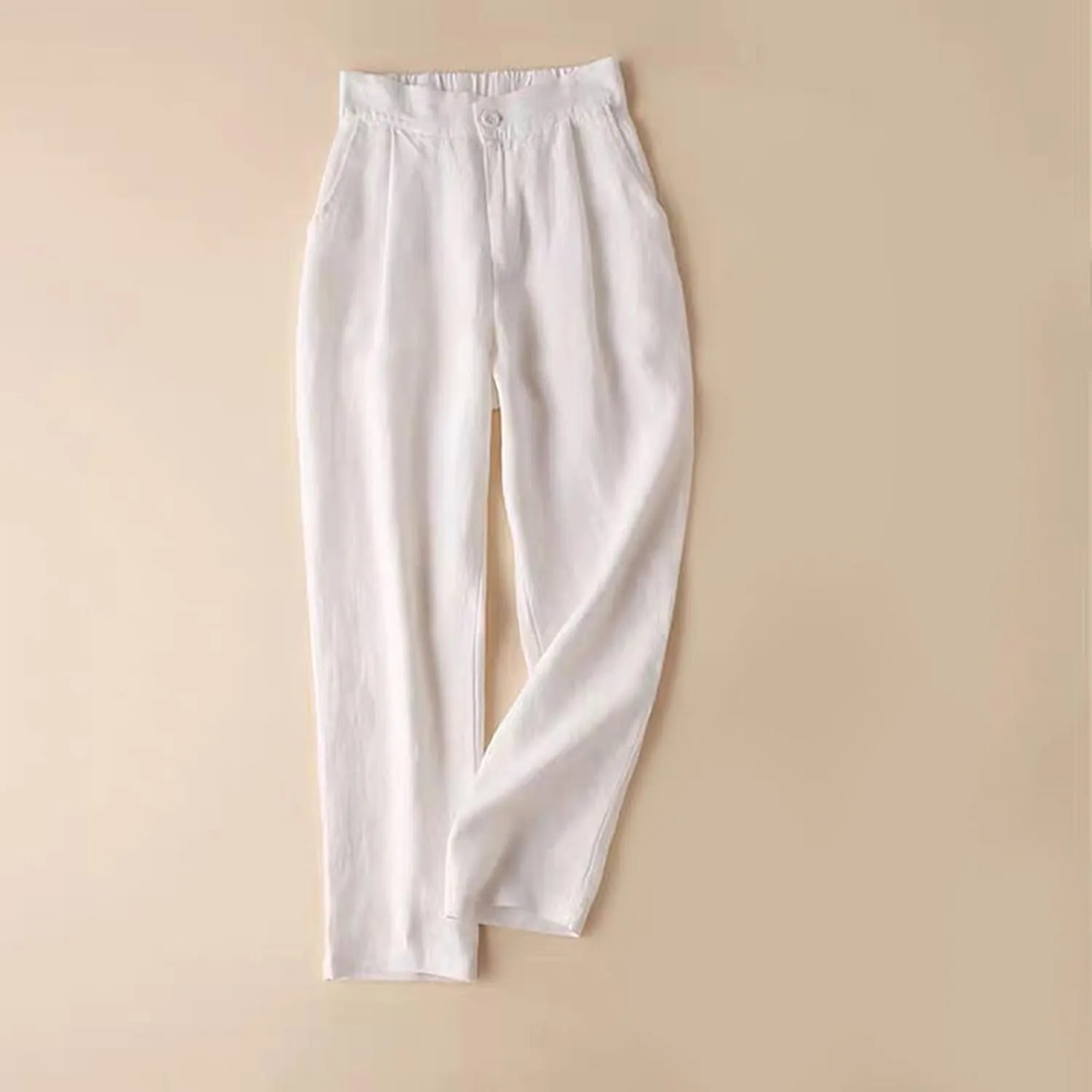 Women's Pure Cotton Linen Capris Loose Elastic Crop Trousers Soft Lightweight Casual Straight Legs Pants Sweatpant
