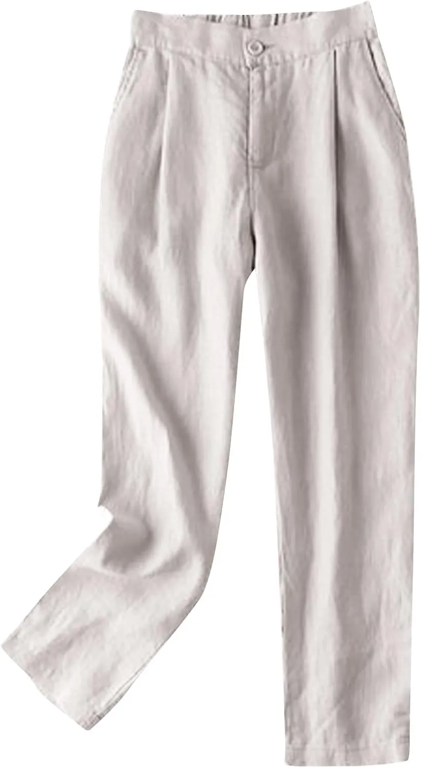 Women's Pure Cotton Linen Capris Loose Elastic Crop Trousers Soft Lightweight Casual Straight Legs Pants Sweatpant