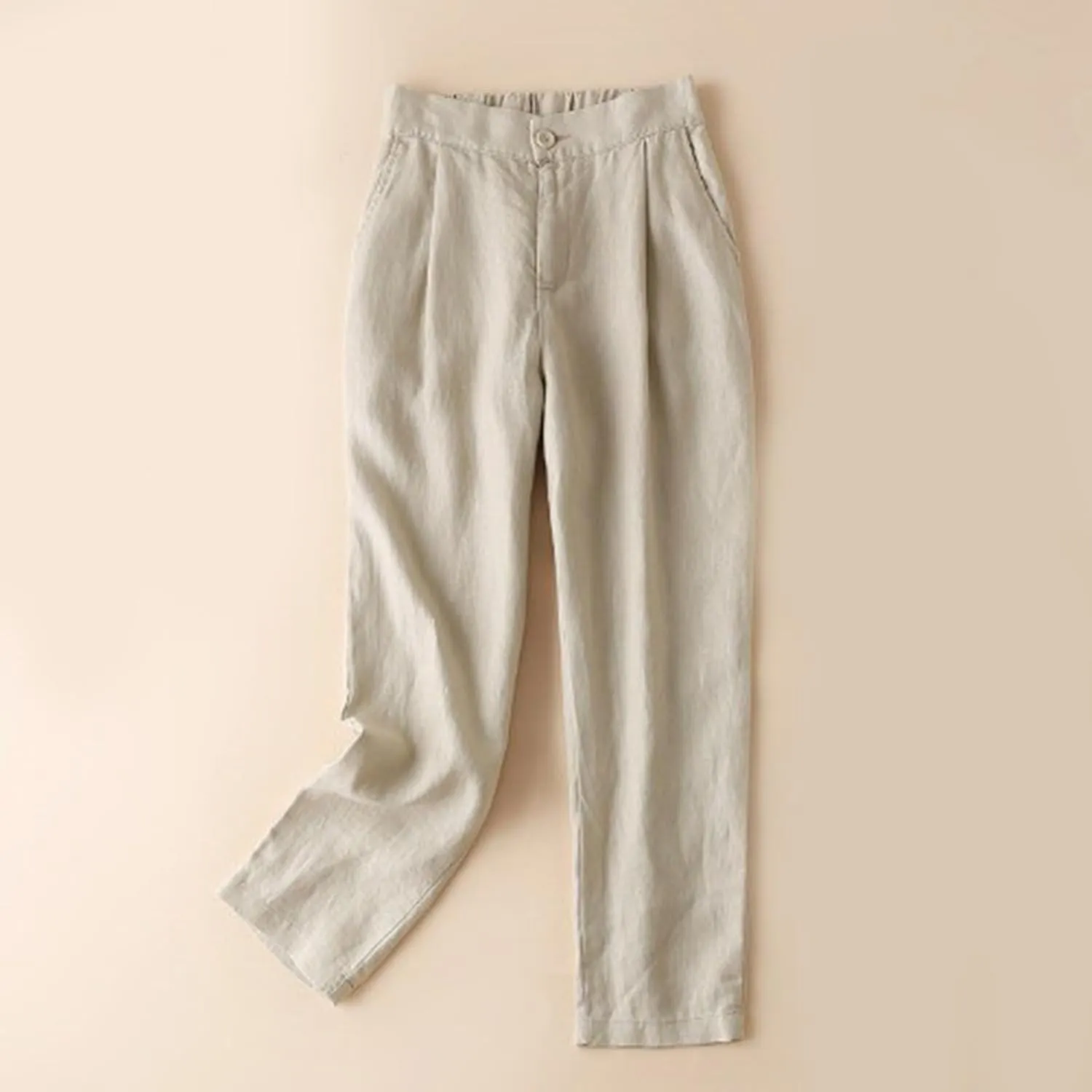 Women's Pure Cotton Linen Capris Loose Elastic Crop Trousers Soft Lightweight Casual Straight Legs Pants Sweatpant
