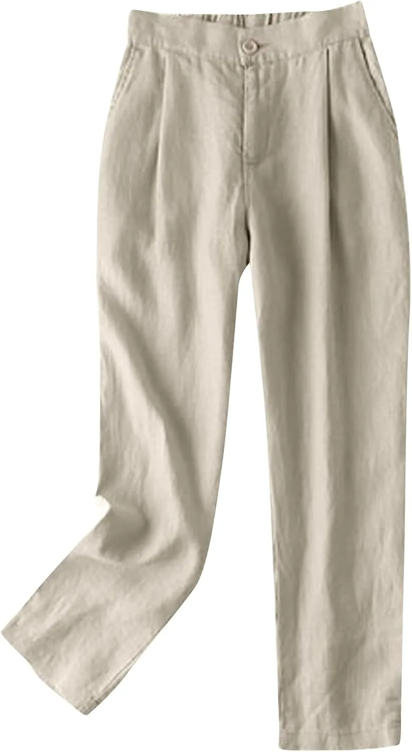 Women's Pure Cotton Linen Capris Loose Elastic Crop Trousers Soft Lightweight Casual Straight Legs Pants Sweatpant