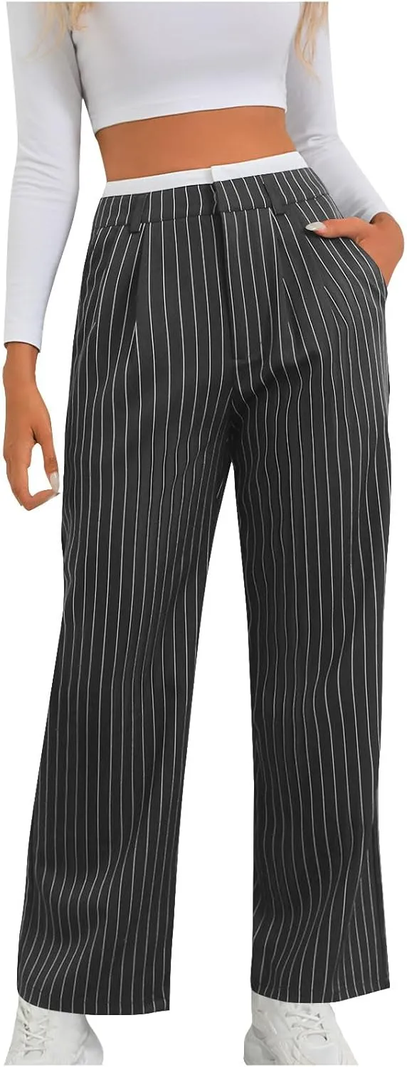 Women's Striped Pants Color Block High Waisted Wide Leg Casual Work Office Long Trousers Comfy Soft Straight Leg Pant
