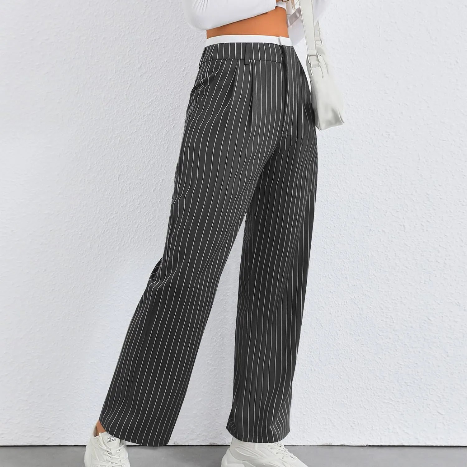 Women's Striped Pants Color Block High Waisted Wide Leg Casual Work Office Long Trousers Comfy Soft Straight Leg Pant