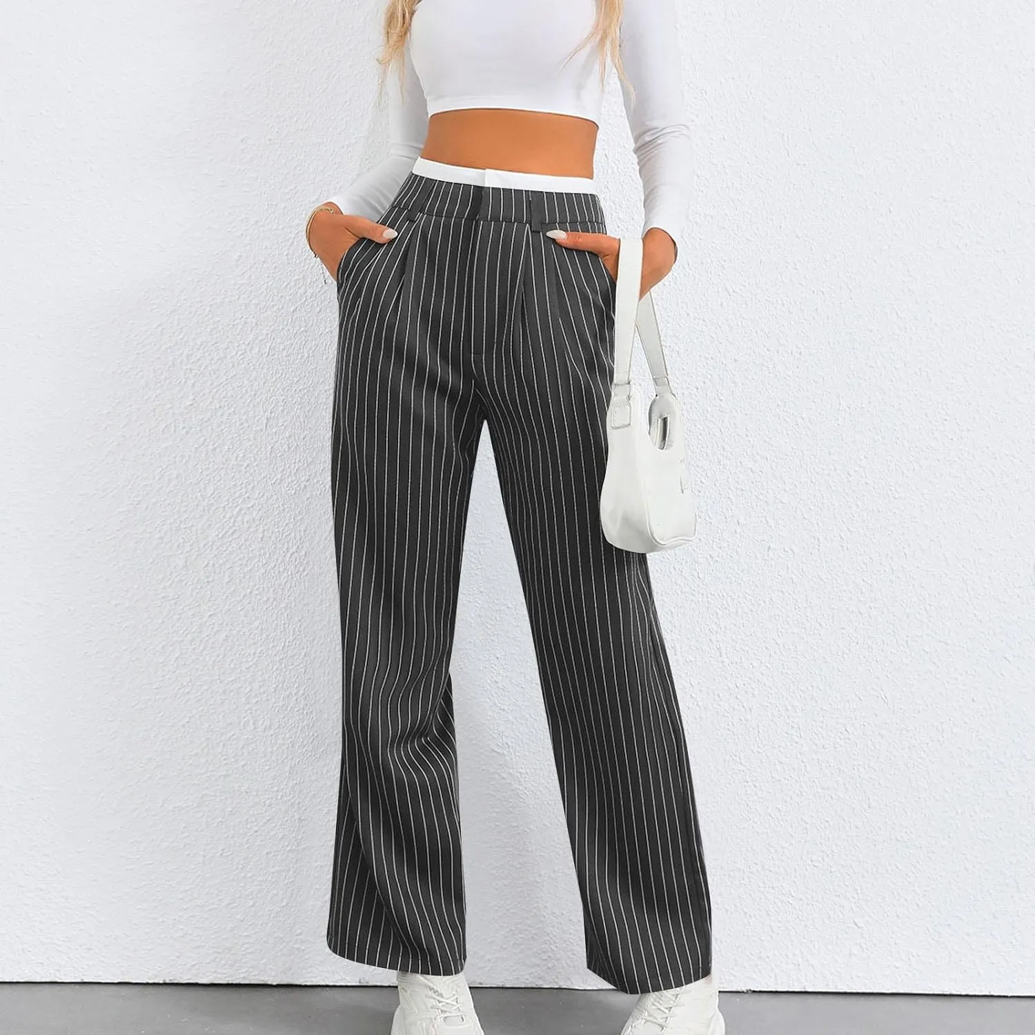 Women's Striped Pants Color Block High Waisted Wide Leg Casual Work Office Long Trousers Comfy Soft Straight Leg Pant