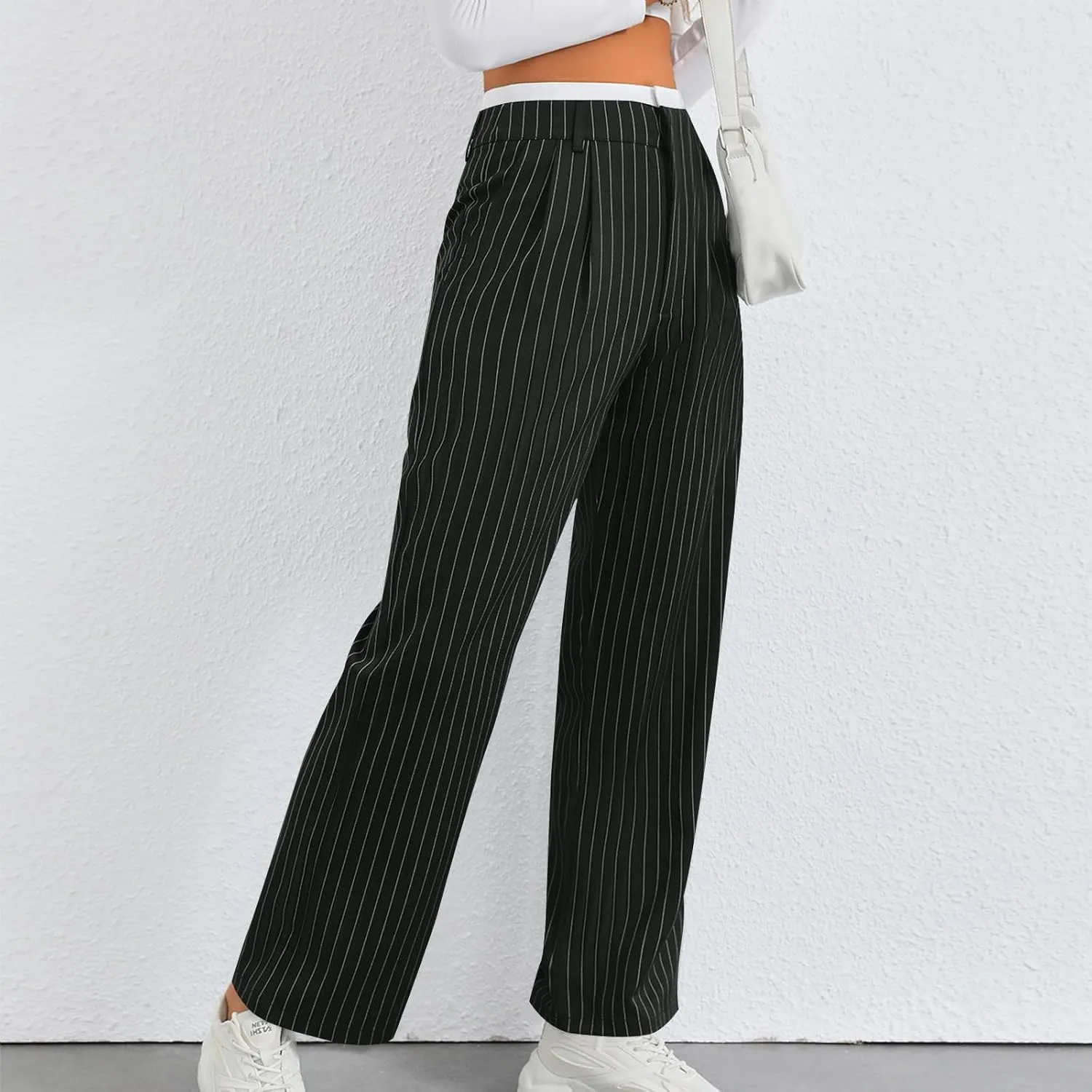 Women's Striped Pants Color Block High Waisted Wide Leg Casual Work Office Long Trousers Comfy Soft Straight Leg Pant