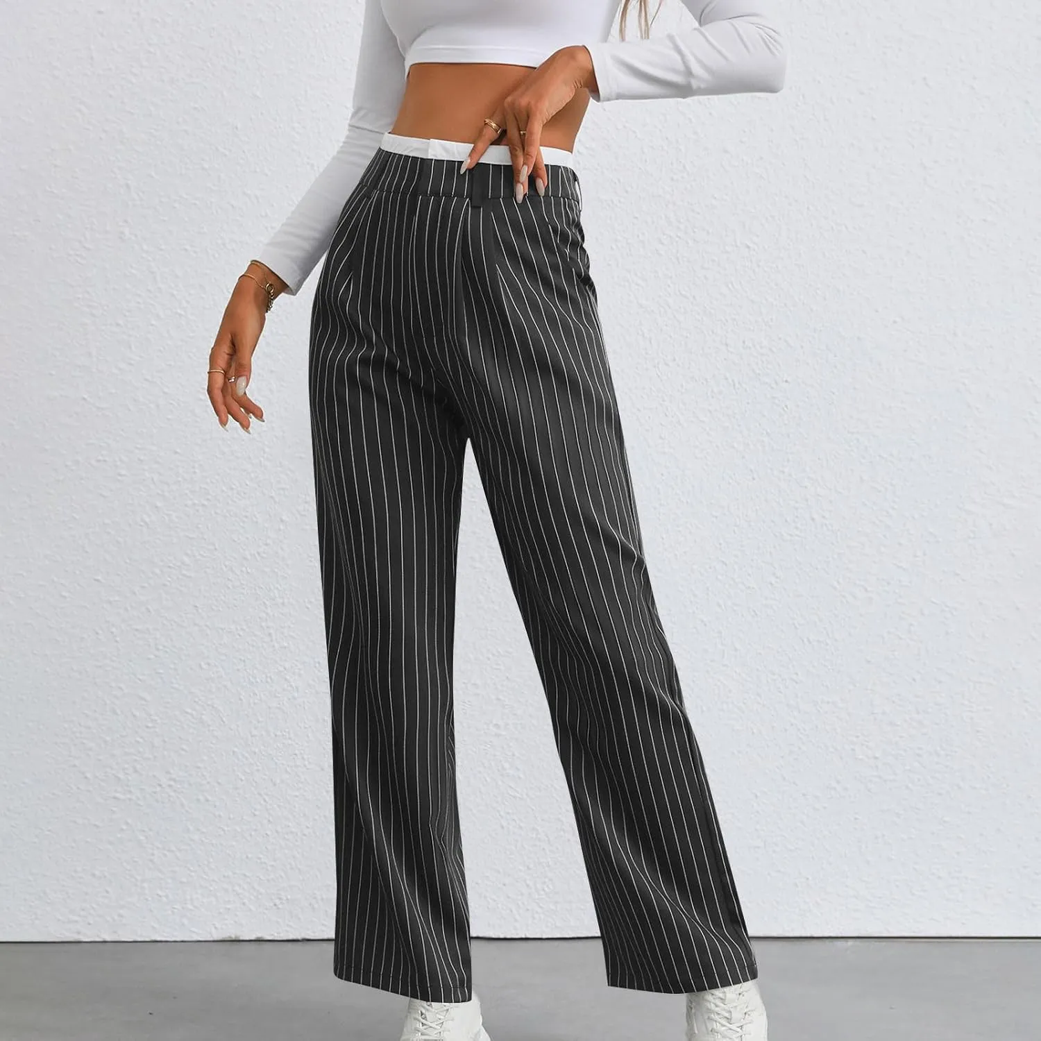 Women's Striped Pants Color Block High Waisted Wide Leg Casual Work Office Long Trousers Comfy Soft Straight Leg Pant